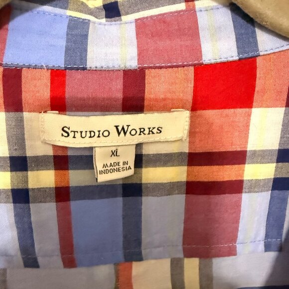 Studio Works Button Down Shirt Red White Blue Plaid Womans XL - Picture 3 of 6